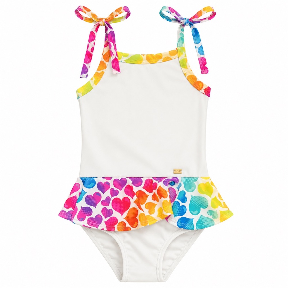 Girls' White One-Piece Swimsuit with Rainbow Heart Trim